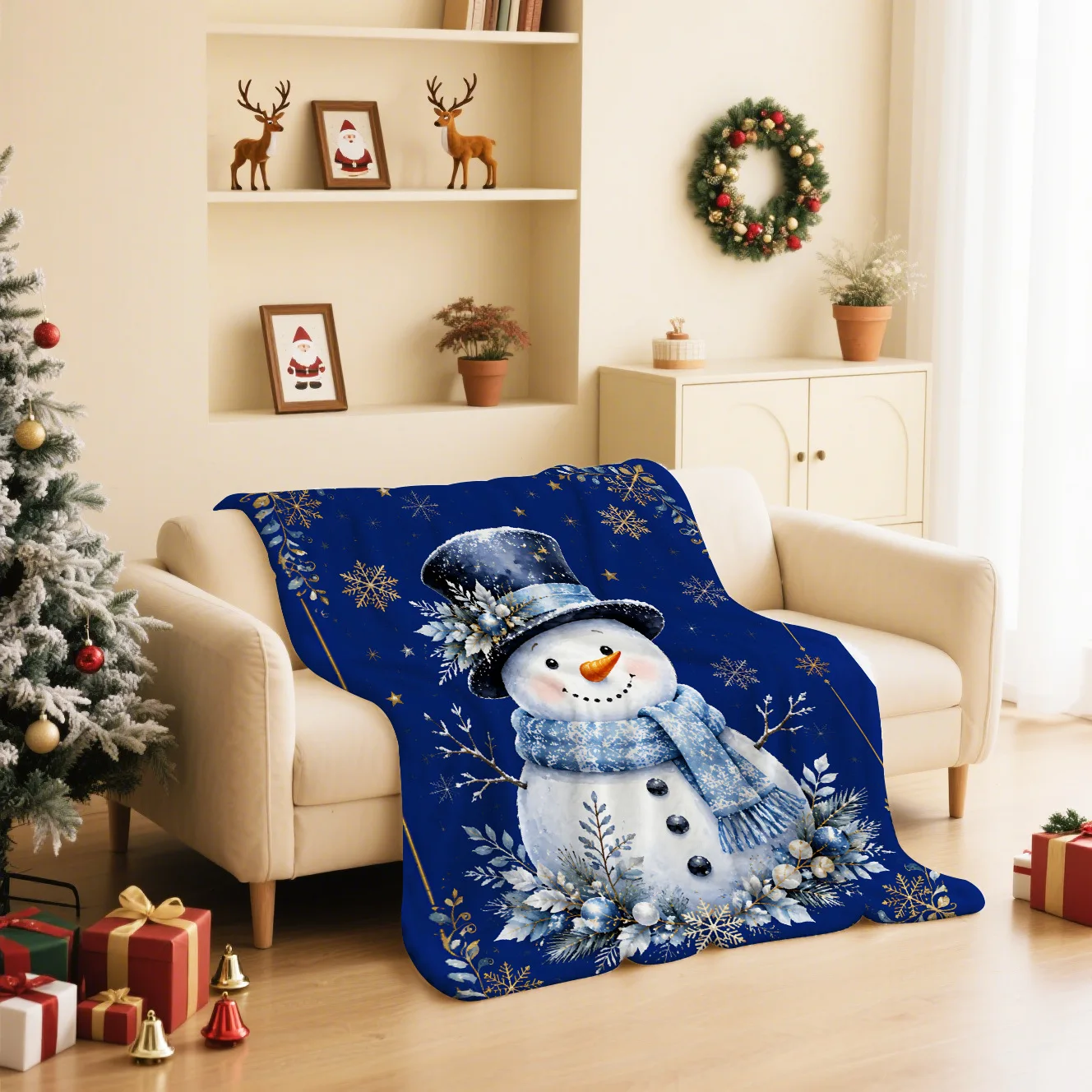 Navy Blue Throw Blanket with Gold Lace Trim Christmas Snowman Print Soft Flannel Nap Blanket for Office Sofa Bed