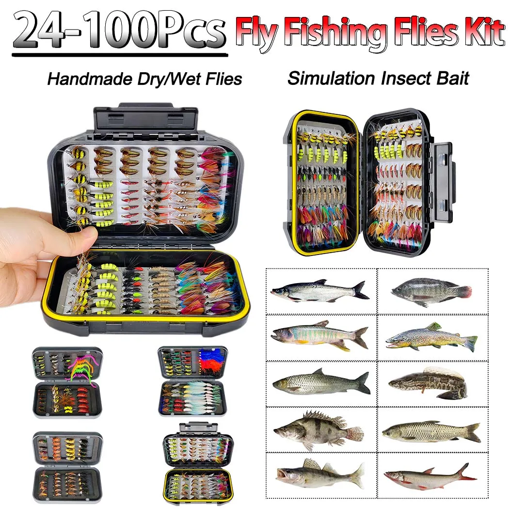 フライフィッシングハエキット、24-100個フライフィッシング人工フライベイトルアー、ドライ-ウェットフライ、ストリーマー、フライ詰め合わせトラウトバス付き