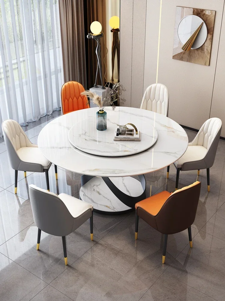 Marble circular dining table and chair combination, household round table with turntable, Italian rock plate dining table,