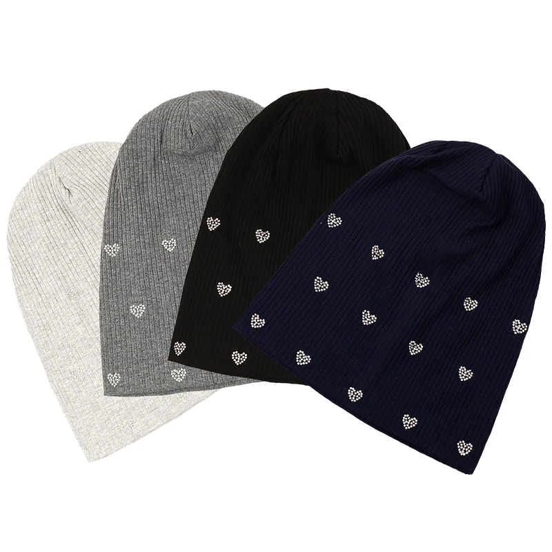 Women Rhinestone Love skullies Beanie Female Casual knitted Soft Design Solid Ribbed Bonnets Ladies Slouchy Hat Cap