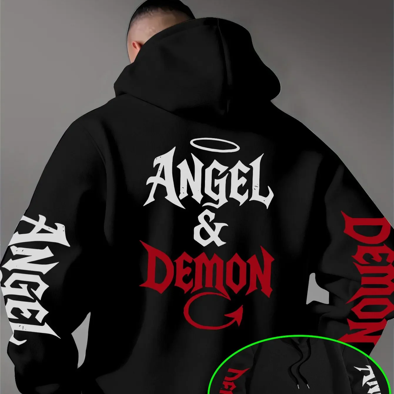 Men's Angel Demon Hoodie Gothic Graphic Halo Back Sleeve Print Oversized Pocket Pullover Sweatshirt Dark Punk Streetwear