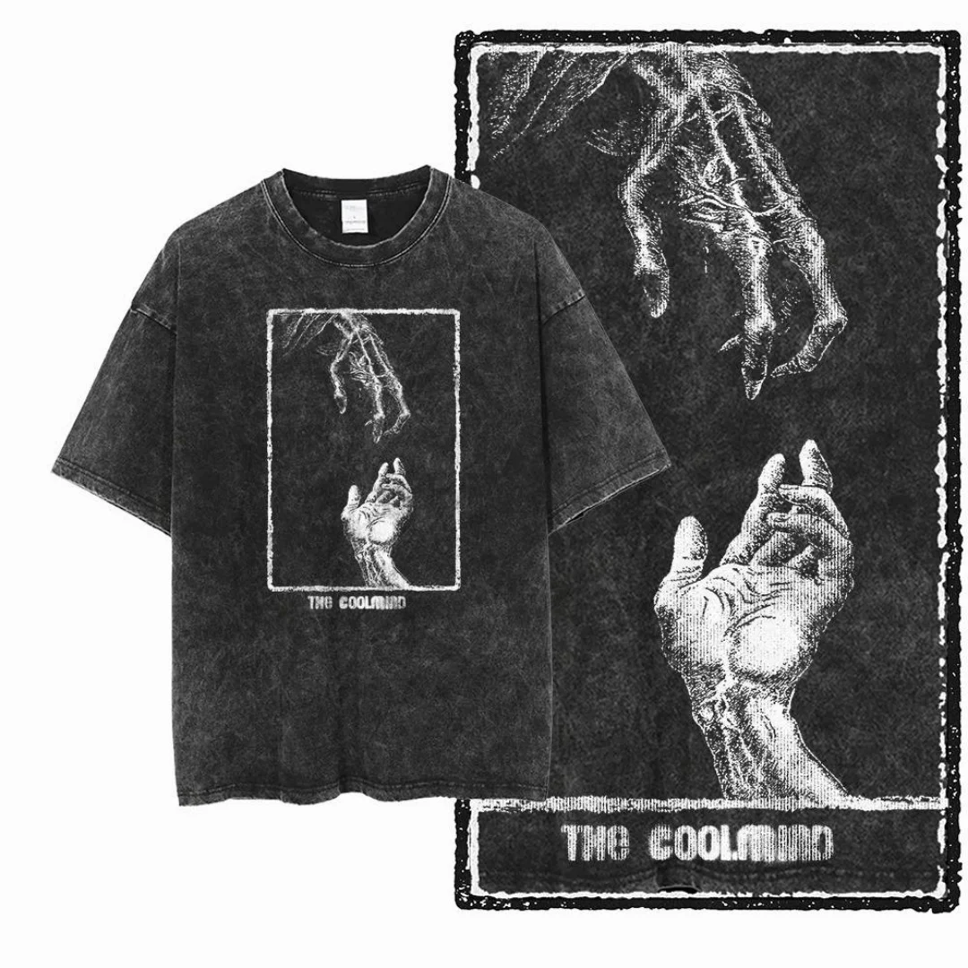 

Vintage Washed Hands Art Graphic The Coolmind Men T Shirt Oversized Men Tee Black T-Shirt Retro Distressed Men’s T Shirt