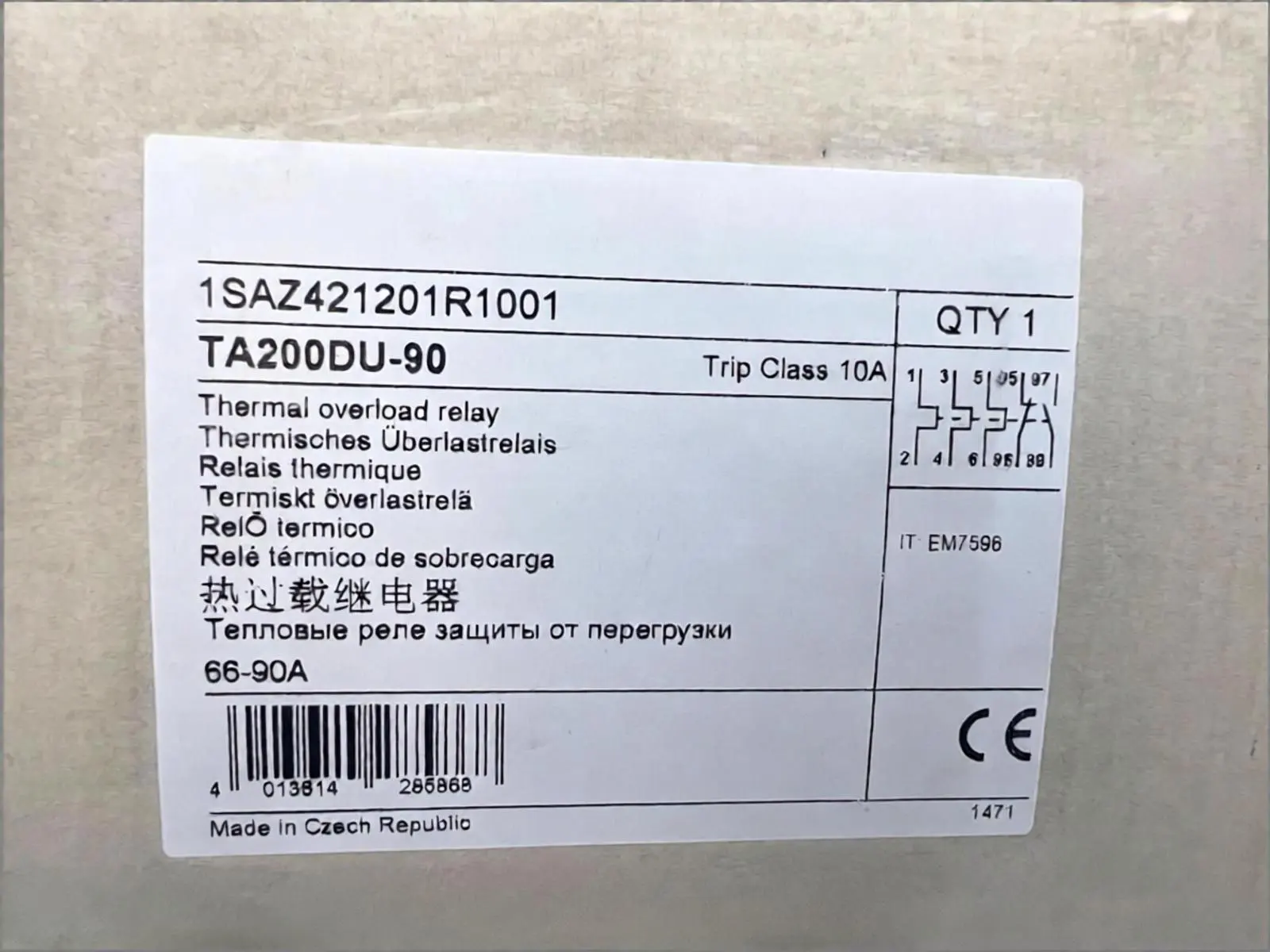 Brand New original TA200DU-90 66-90A Thermal Overload Relays 1SAZ421201R1001 One-year warranty