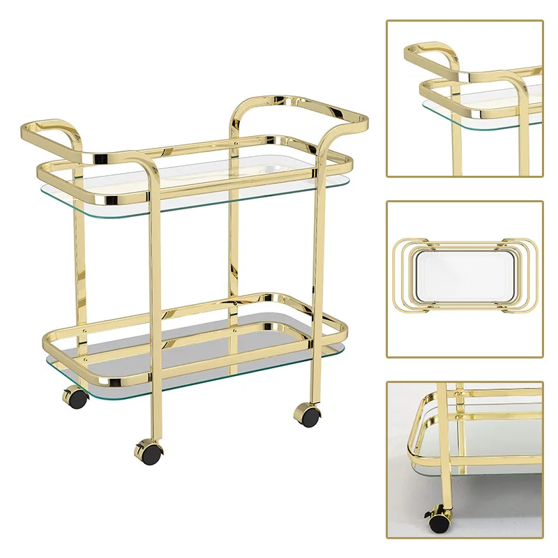A few carts by the restaurant, tea table, wine trolley, movable rack with wheels, food delivery cart
