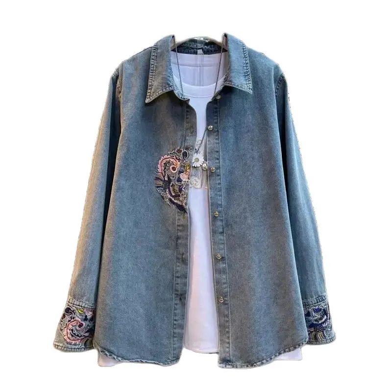 Spring Autumn Chinoiserie Large Size Denim Shirt Jacket Women 2024New Fashion Loose Casual Coat Embroidery Vintage Blouse Female