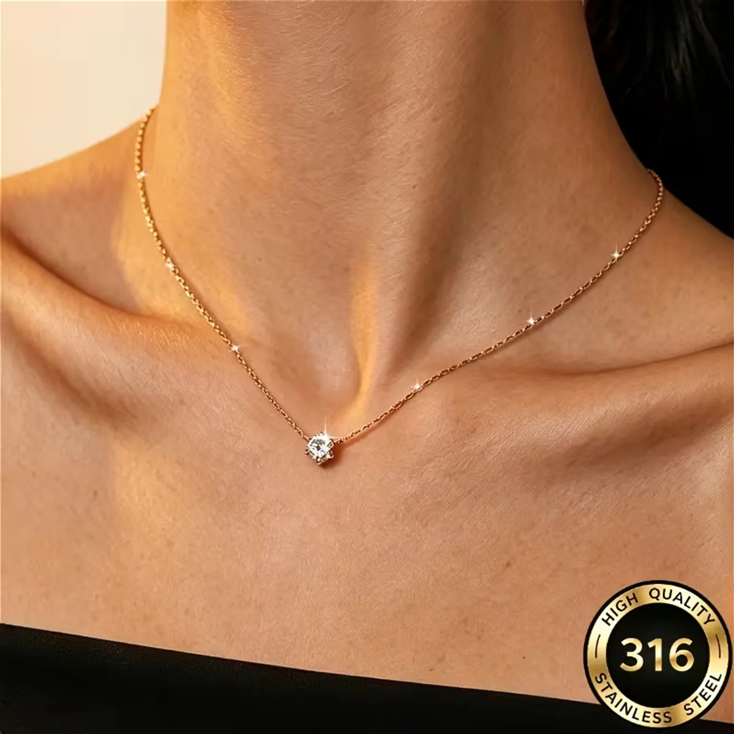 Fashionable Stainless Steel Geometric Round Zircon Inlay Pendant Necklace, Exquisite Women’s Necklace for Casual Daily Wear