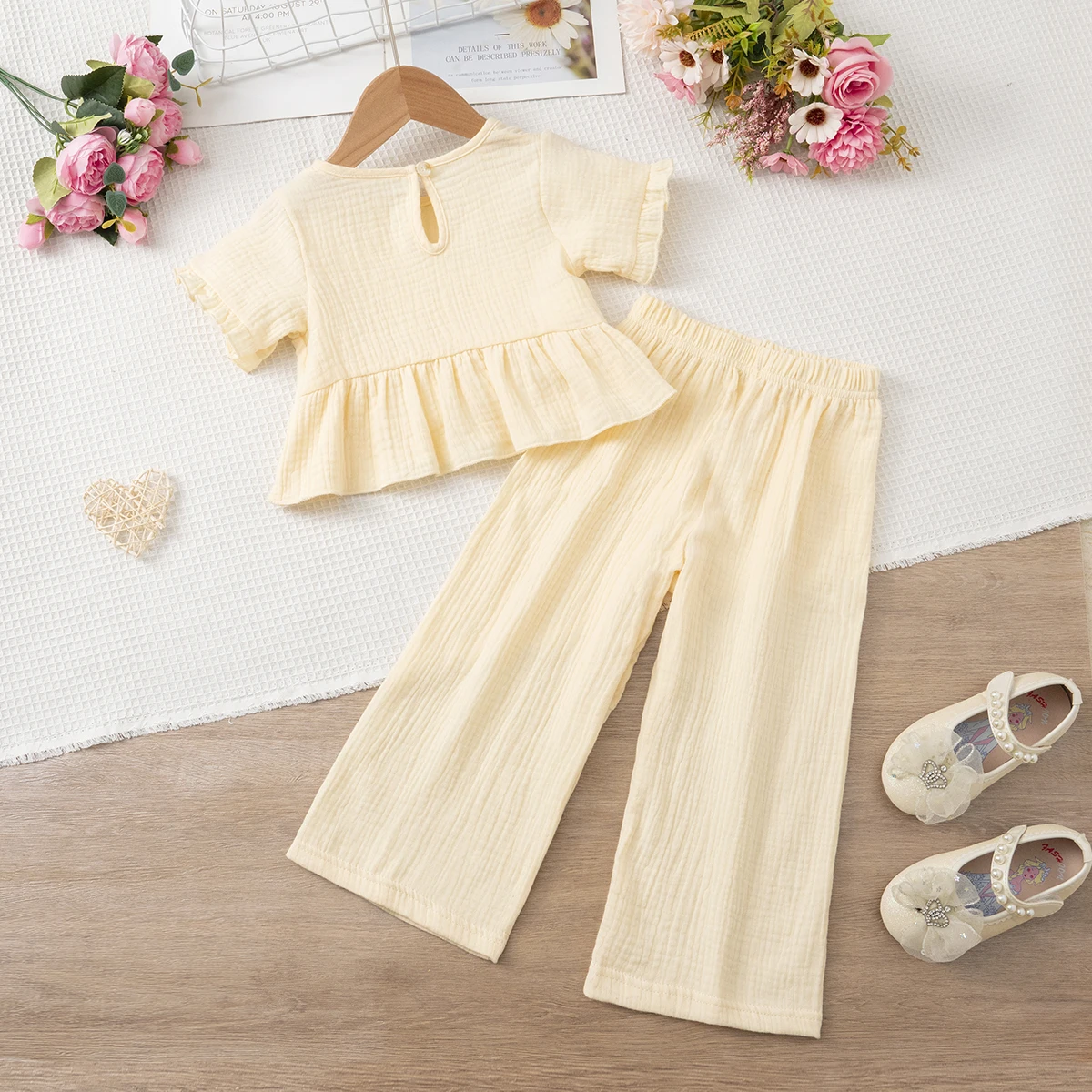 Girls 2PCS Sets Fashion Ruffle Short Sleeve Top + Long Pants Set Casual Trendy All-match 3-8Y Gift or Daily Presents