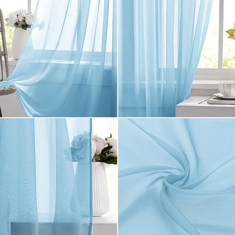 Light Blue Solid Sheer Voile Window Curtain Transparent Light Filtering Drape Soft Breathable For Bedroom Living Room Home Deco