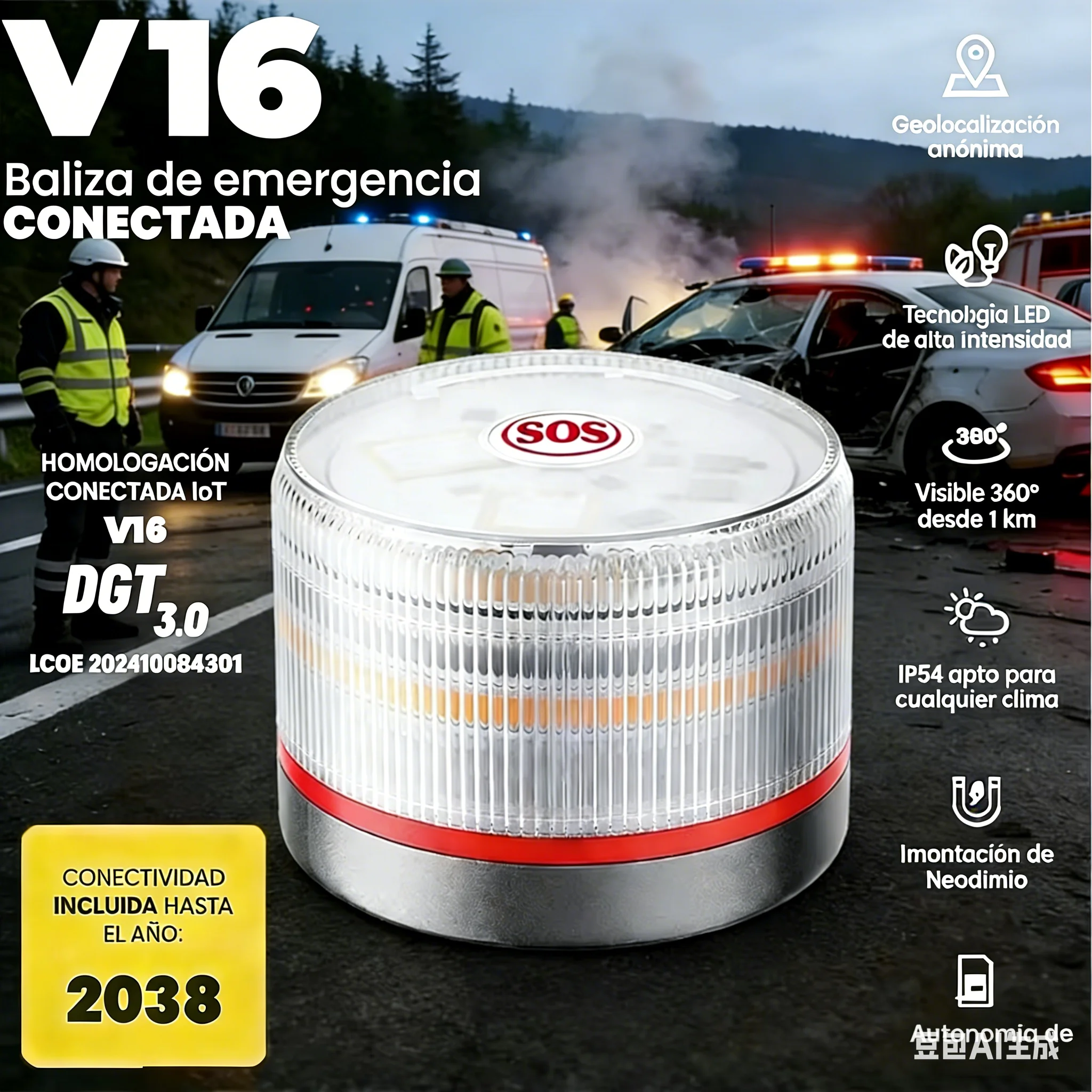 

V16 Geolocation DGT 3.0 Approved Car Emergency Light Compulsory use in January 2026 GPS Position and Data Validity Period 203