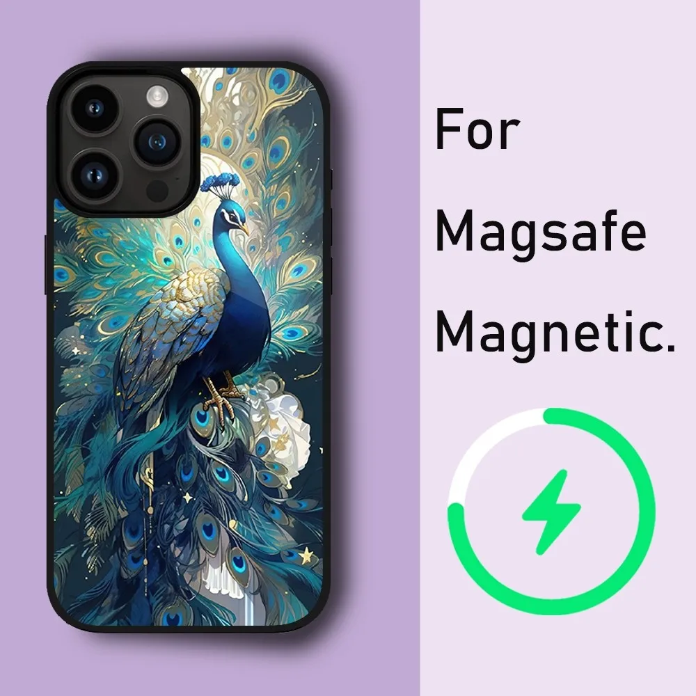 Bird Peacock Feather Phone Case For iPhone 15 14 13 12 11 Pro Max Plus Phone Magnetic for Macsafe Cases Cover