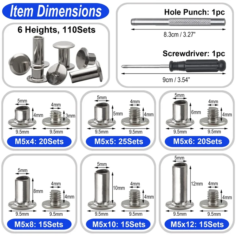 The New Chicago Screw Leather Rivets Assorted Screw Rivets M5 Chicago Binding Screws For Decorating PU Craft Belts(110PCS)