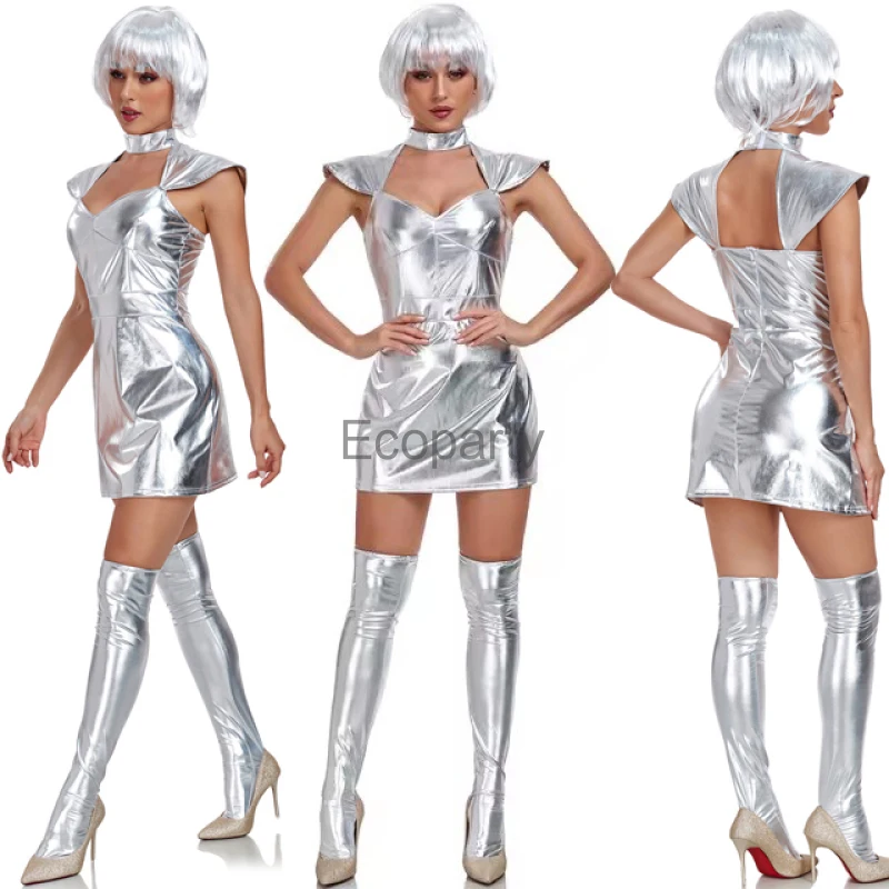 

Halloween Space Alien Costume For Women Planet Silver Tin Man Dress Up Ai Robot Housekeeper Cosplay Outfits Performance Wear