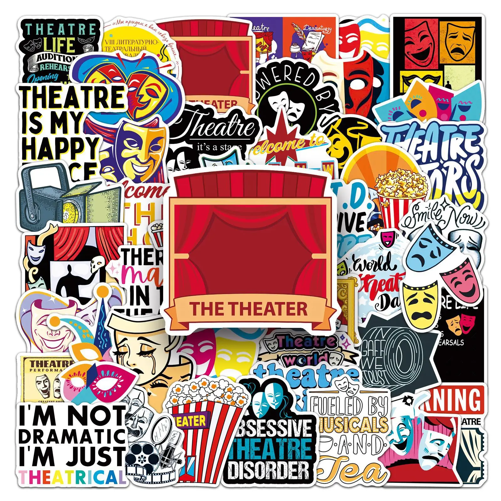 50Pcs Circus Drama Graffiti Stickers Theater Waterproof Vinyl Decals for Scrapbook Laptop Water Bottle Luggage DIY Decor