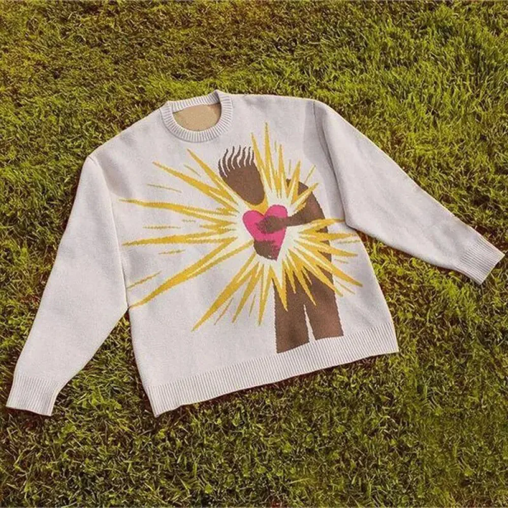 Y2K Abstract Character Heart Explosion Knit Pullover Men Women White Loose Fit Crew Neck Sweater Art Graphic Streetwear Knitted