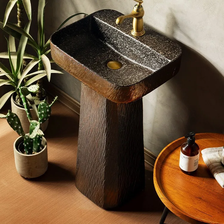 Dark red black spot household integrated column washbasin bathroom washbasin outdoor round ceramic column basin