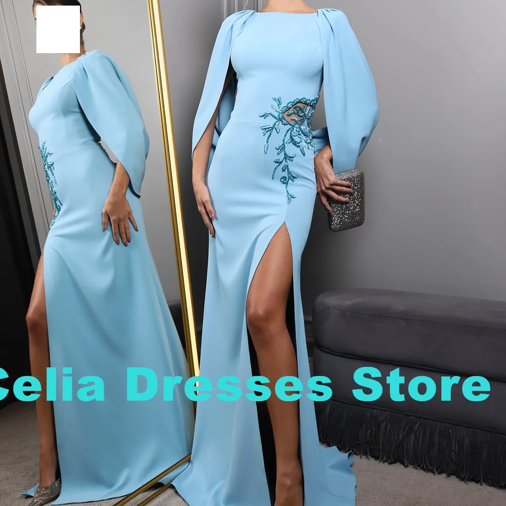 Customized Sky Blue Jersey and Appliques with Sequined for Lace Evening Dress Mermaid O-Neck  3/4 Sleeves Zipper Back Prom Gowns image 3