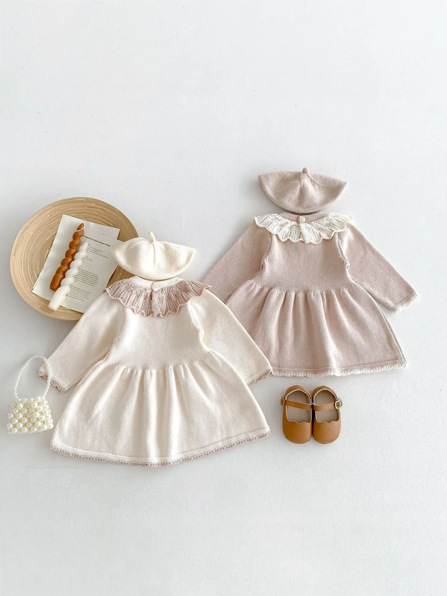 Girls Knitted Dresses Autumn Winter Long Sleeve Warm Kids Sweater Dress Cute Lotus Leaf Collar 6M-4T Toddler Soft Knit Dress