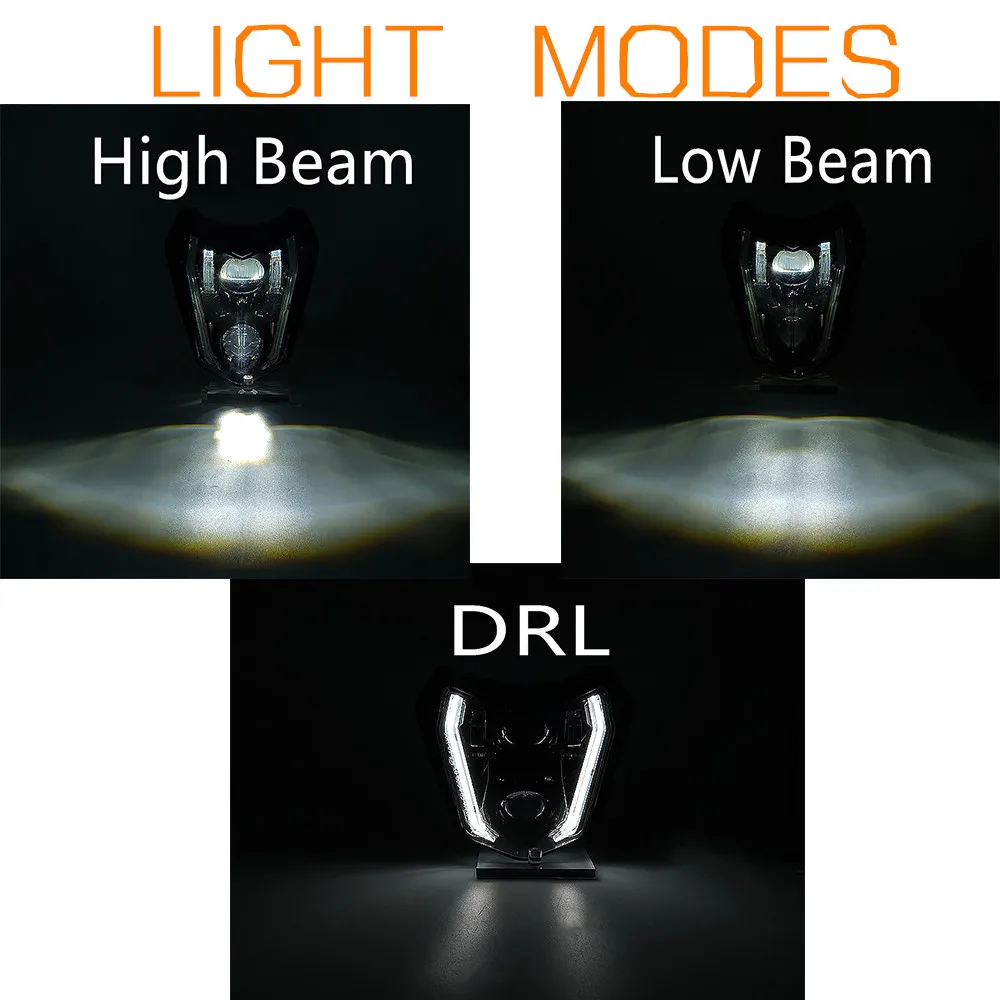 المصباح الأمامي للدراجة الترابية، مصباح LED DOT مع شعاع عالي ومنخفض DRL، لدراجة نارية إندورو ATV EXC XCW SXF SX 125 250 300 350