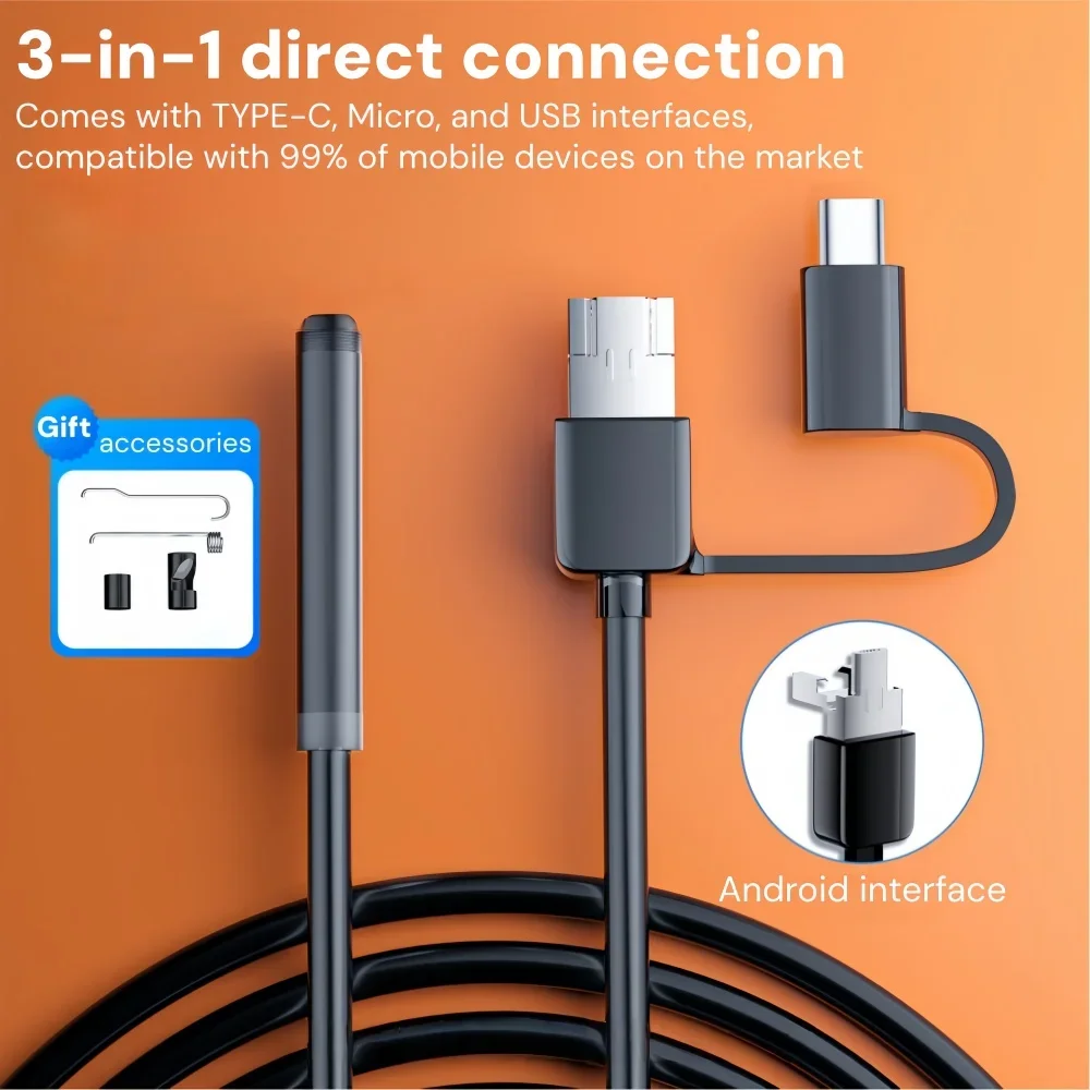 7.0MM Type-C Endoscope Camera IP67 Waterproof with 6 Adjustable LEDs USB Android Flexible Inspection Borescope for Phone PC