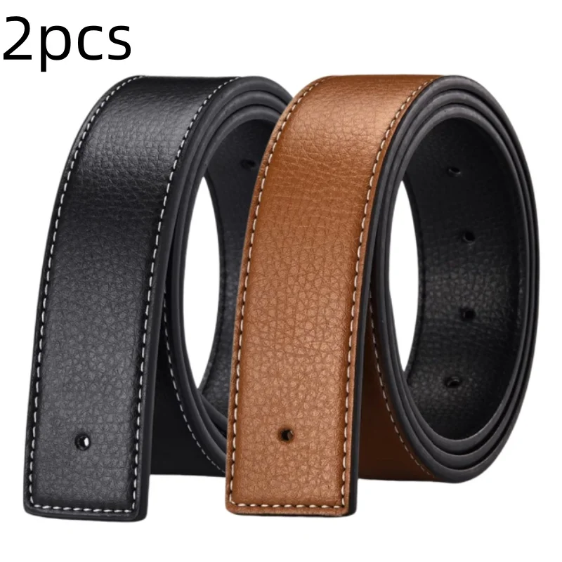 2Pcs Men Replacement Belt Strap, Grain Texture No‑Buckle Waistband With Contrast Stitching, Fit Pin Buckle Business Daily Belt