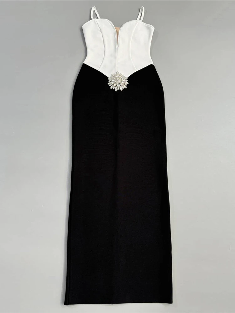 Sexy cinta de espaguete com decote em v diamantes bandage vestido feminino preto branco retalhos sem mangas bodycon vestidos longos festa noite