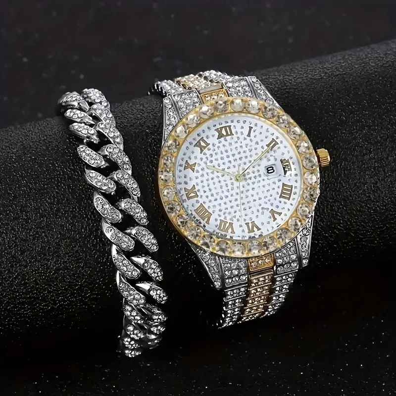 2pcs/set Elegant Water Diamond Watch and Cuban Chain - Sparkling Cubic Zirconia, Perfect Gift for Him or Her