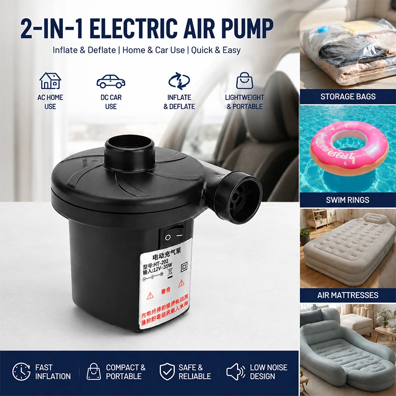 Car Home Dual-Use Electric Air Pump 2 in 1 Inflator & Vacuum Deflator for Pool Floats Inflatables Clothes Compression Bags