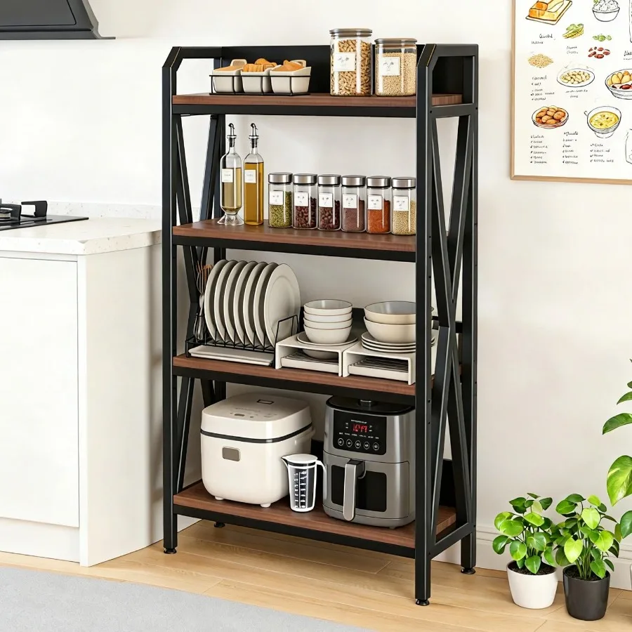 

Bakers Rack Kitchen Shelf 4-Tier Metal and Wood Storage Shelves for Pantry Garage or Bathroom 33.50 Length Black and Brown