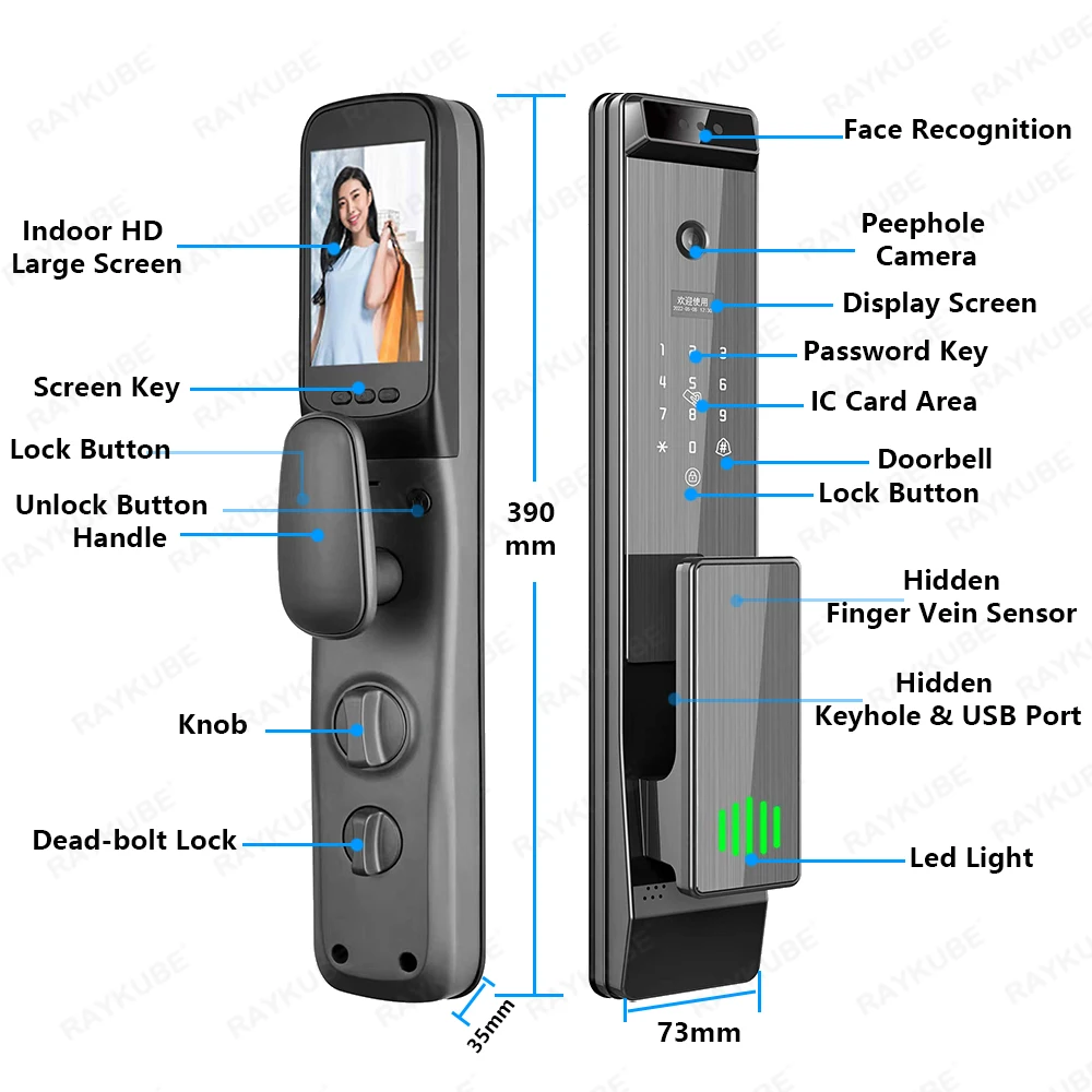 New Q12 Tuya WiFi Finger Vein Recognition&3D Face Smart Door Lock with Built-in Peephole HD Screen Camera 24H Photo Capture