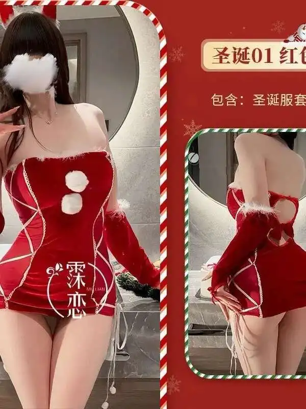Sexy Christmas Bodycon Tight Uniform Sweetheart Pure Desire Sexy Strapless Velvet New Year Dress Elegant Fashion Women FZ48