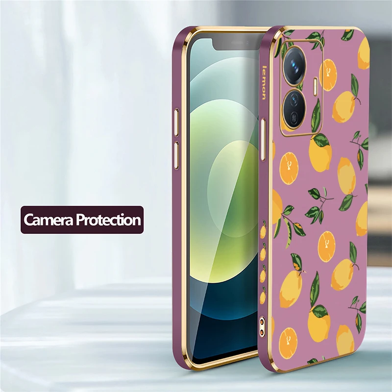 Phone Case For Vivo V40 V25 V27 Pro V30E V21 V25E V23E V21E V29 V29E V27E Luxury Plating Soft Silicone Lemon Cherry Print Cover