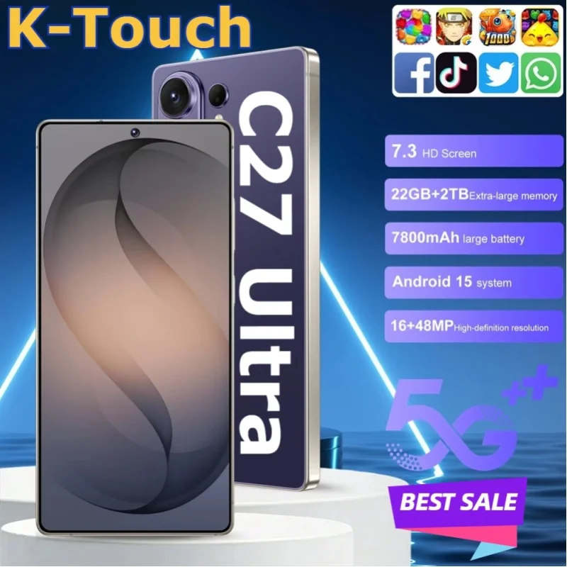 K-Touch Mobiltelefone C27 Ultra 5G Dual-SIM-Smartphone 7,3 Zoll Android 15 Handy 16+48MP Kamera 7800mAh Gesichtserkennung WLAN GPS Mobiltelefone für Männer und Frauen