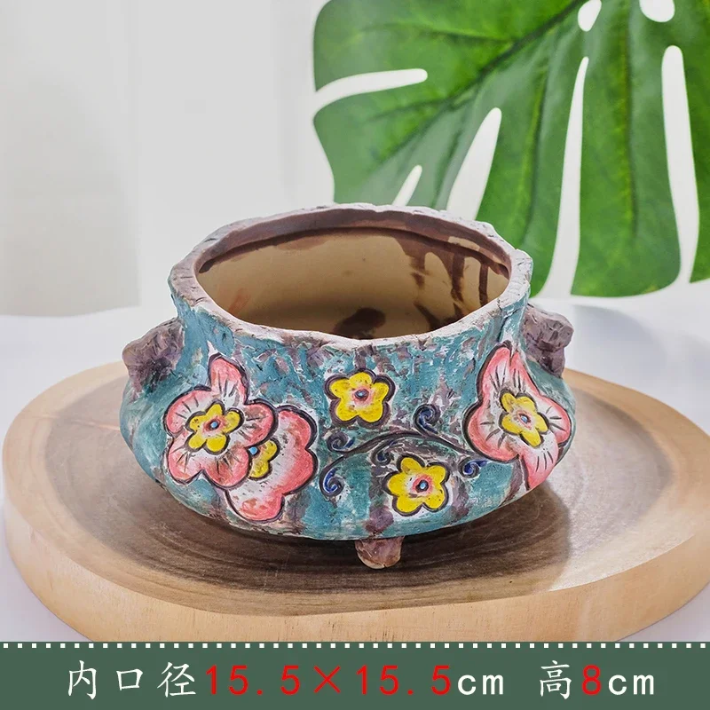 Hand Painted Succulent Flower Pot Ceramic Green Plant Pots Stoneware Retro Potted Container Decorative Flowerpot Garden