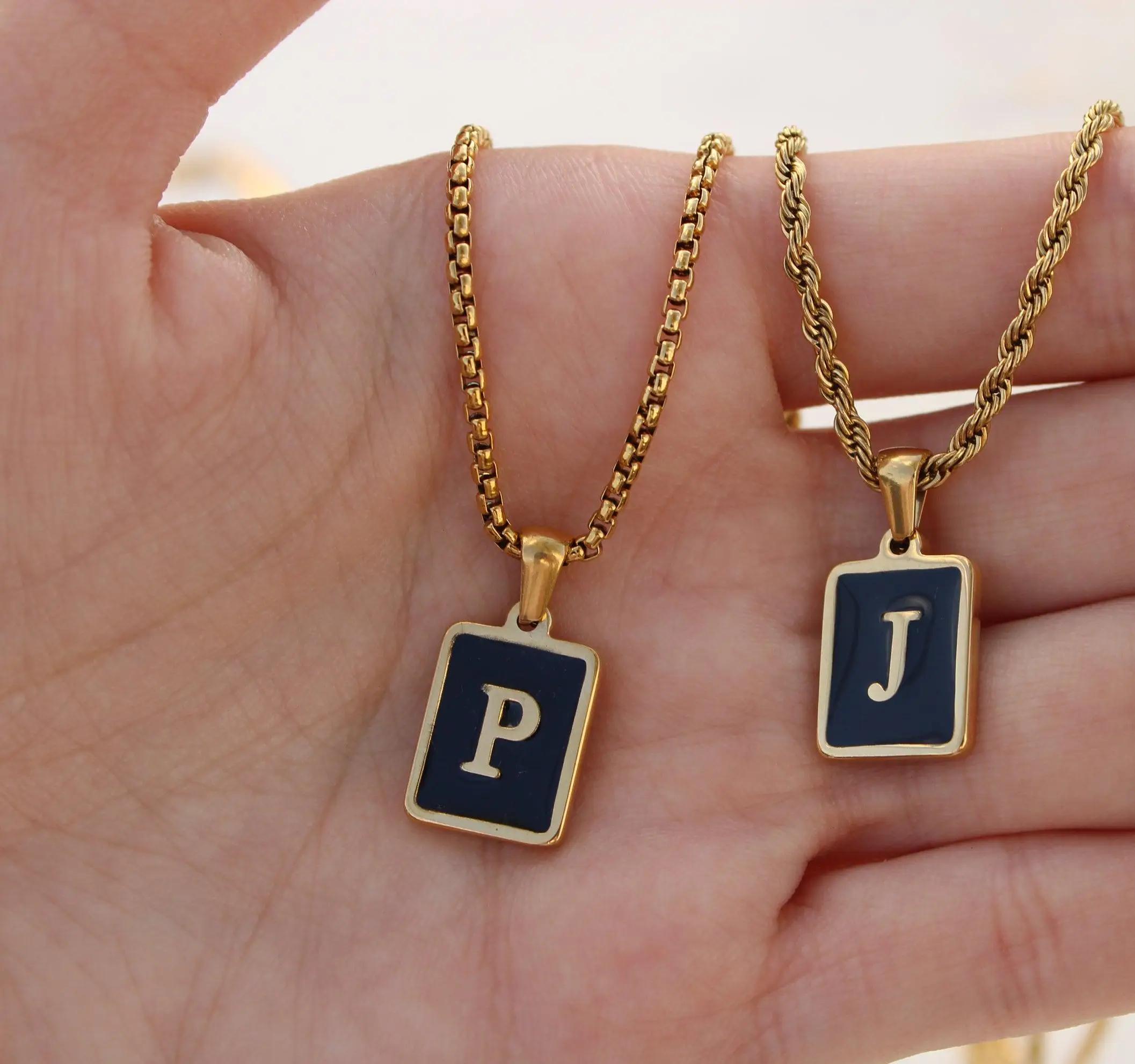Men Personalized Enamel Initial Letter Black Necklace for Men Rectangular Handmade Stainless Steel Jewelry Gift For Boyfriend