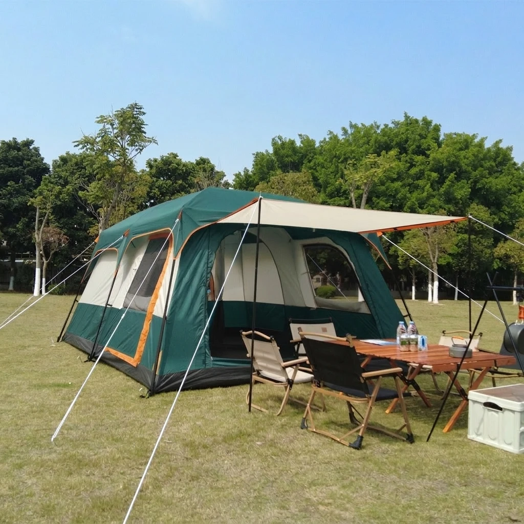 Carpa familiar grande para acampar con diseño de 2 habitaciones y 1 salón, carpa exterior de tela Oxford transpirable e impermeable de doble capa para senderismo en la playa