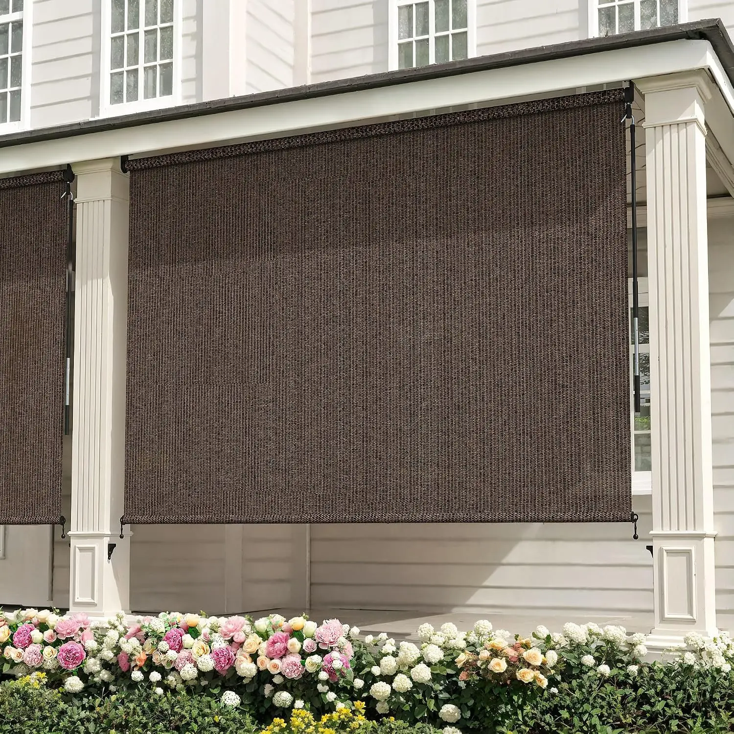 Outdoor Cordless Roller Shade Sun Shade with 8 ft Wide Drop for Front Porch Yard, Mocha