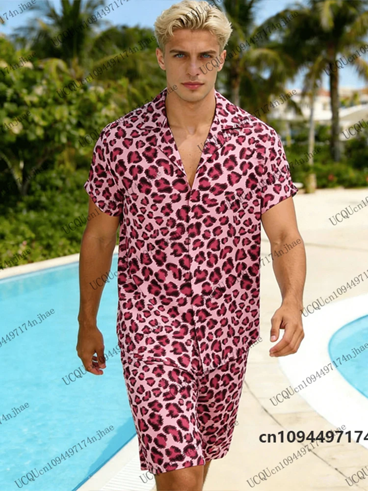 Summer Men's Tracksuit Leopard Print Lapel Short Sleeve Shirts+Shorts Sets Hawaiian Casual Suit Oversized Beach 2 Piece Clothes