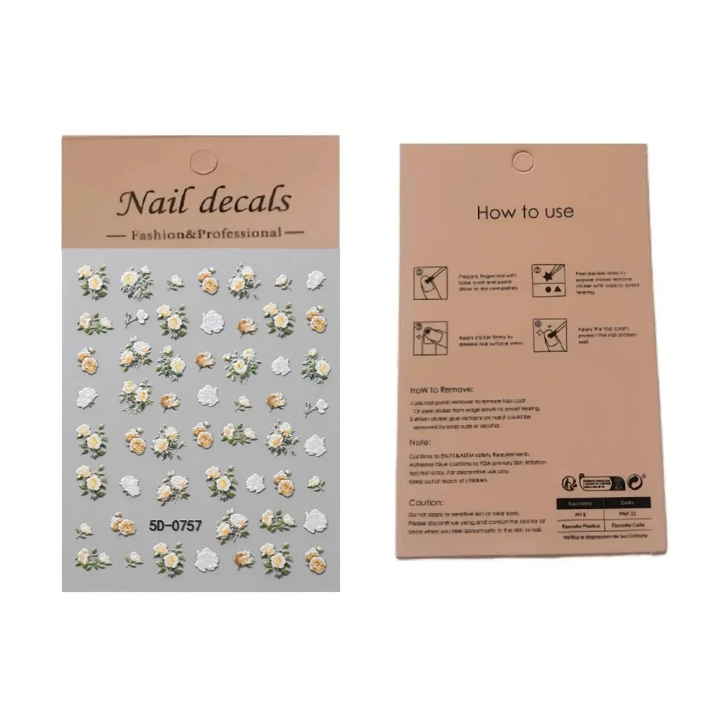 1pcs/3pcs-Stereo Embossed Rose Nail Stickers, Japanese Gentle Style Cream White Bridal Rose Floral Nail Decals