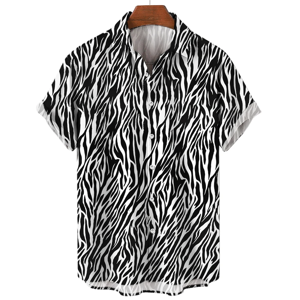 Tiger Stripes Print Summer Men\'s Shirts Casual Oversized Short Sleeve Fashion Single-Breasted Blouses Trend Tops Men Clothing