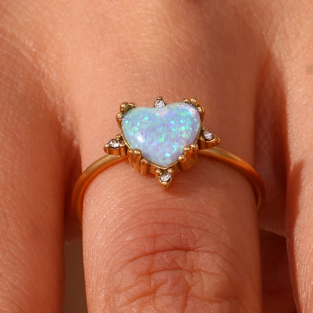Adjustable Circle Heart Sun Waterdrop Natural Opal Stone Rings For Woman Stainless Steel PVD Plating Waterproof Gemstone Ring