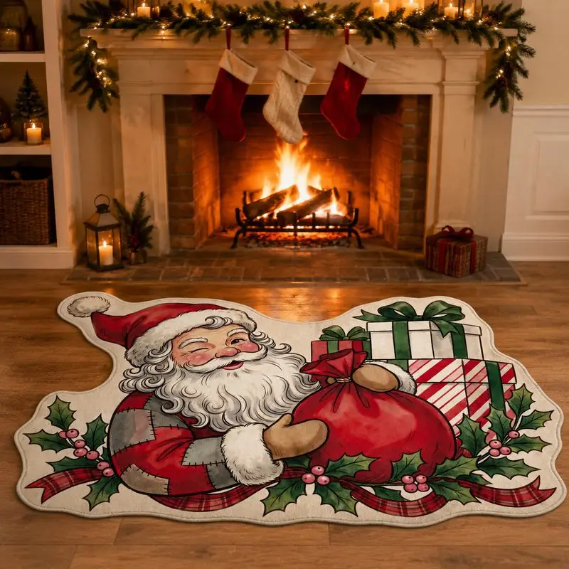 VIKAMA Holiday Santa Area Rug with Gift Sack and Holly Leaves Non Slip Soft Washable Floor Carpet for Bedroom Home Decor