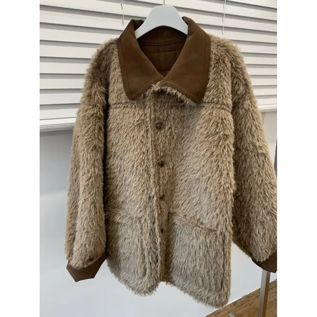 여성용 양면 겨울 코트 중간 길이 양털 재킷 친환경 인조 가죽 레트로 스타일 출퇴근용...