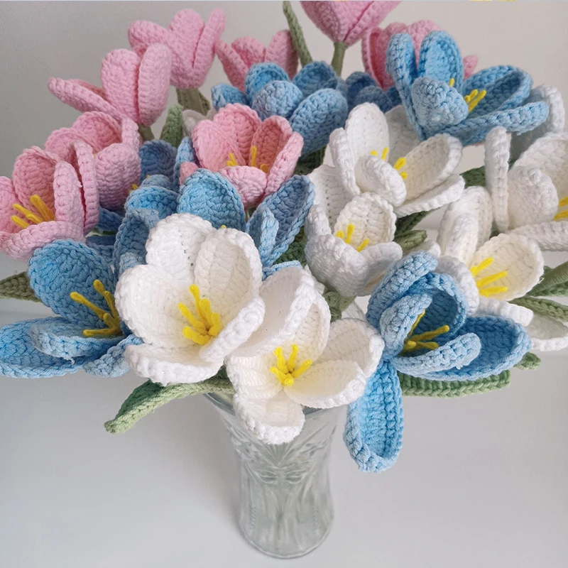 New Hand-Knitted Flowers Artificial Tulips Bouquet Cotton Yarn Crochet Fake Flowers for Wedding Home Table Decor New Year Gifts