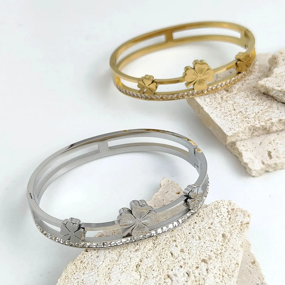 

New four-leaf clover zircon stainless steel gold-plated 18K bracelet, high quality waterproof silver jewelry, gift for couples