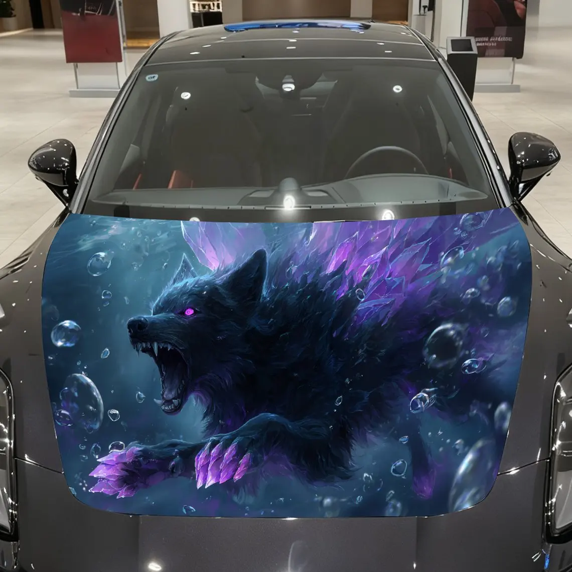 Blue Wolf with Purple Eyes, Crystal Clusters and Bubbles Car Vinyl Wrap, PVC Material Waterproof Car Hood Sticker, Self-Adhesive