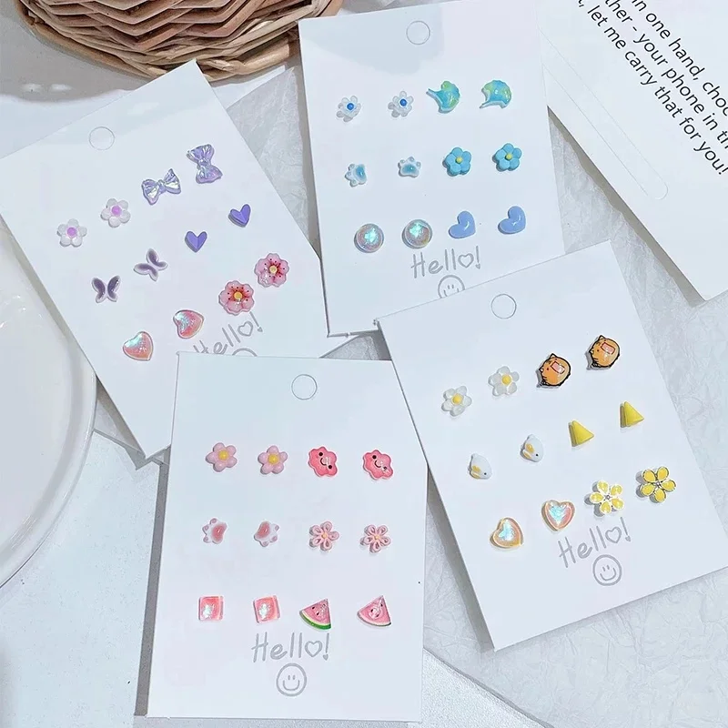 Cute Resin Stud Earring Set Colorful Heart Butterfly Flower Earrings Wholesale for Women Girls Kids 2024 Elegant Jewelry Gifts