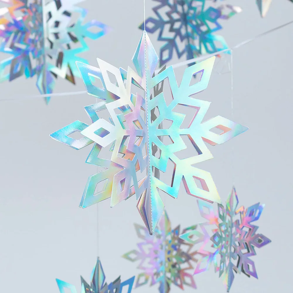 6Pcs Christmas 3D Hanging Snowflakes Iridescent Paper Rainbow Snow Flakes Winter Frozen Birthday Party Decorations