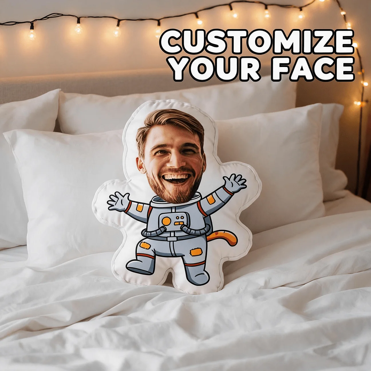 Custom Face Astronaut Shaped Pillow, Personalized Photo Decorative Cushion with Funny Smiling Expression, 70CM Home Decor Accent