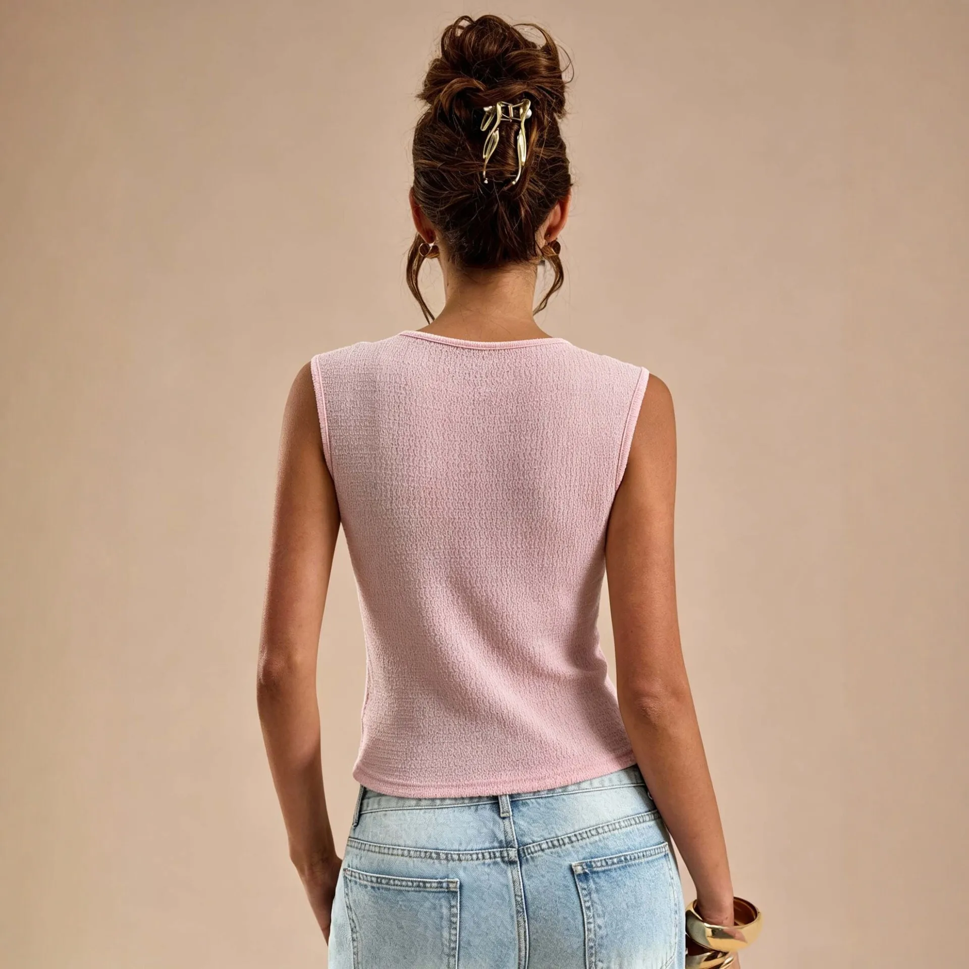 Women Summer High Sense V Neck Twist Sleeveless Top Textured Slim Fit T Shirt