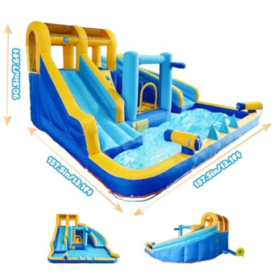 Inflatable Water Slide for 3-8, PVC Blue with Dual Slides, Large Splash Pool, Climbing Wall, Jumping Area, Boxing Game